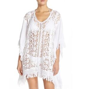 ELAN VGUC Ivory Bohemian Lace Fringe Crochet Tunic Coverup